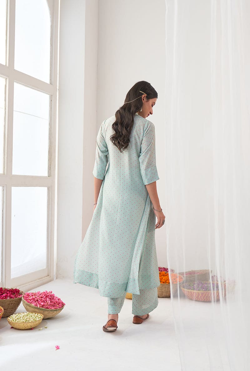 Aqua Polka Dot Print A-Line Iris Kurta Set