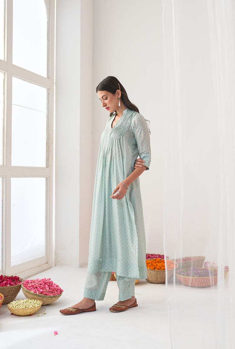 Aqua Polka Dot Print A-Line Iris Kurta Set