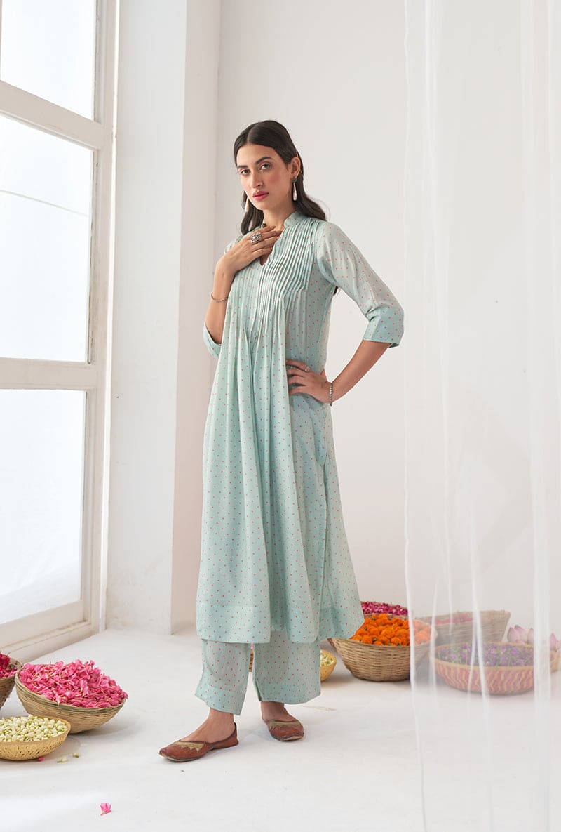 Aqua Polka Dot Print A-Line Iris Kurta Set