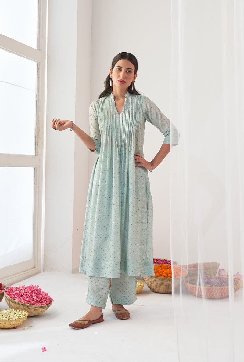 Aqua Polka Dot Print A-Line Iris Kurta Set