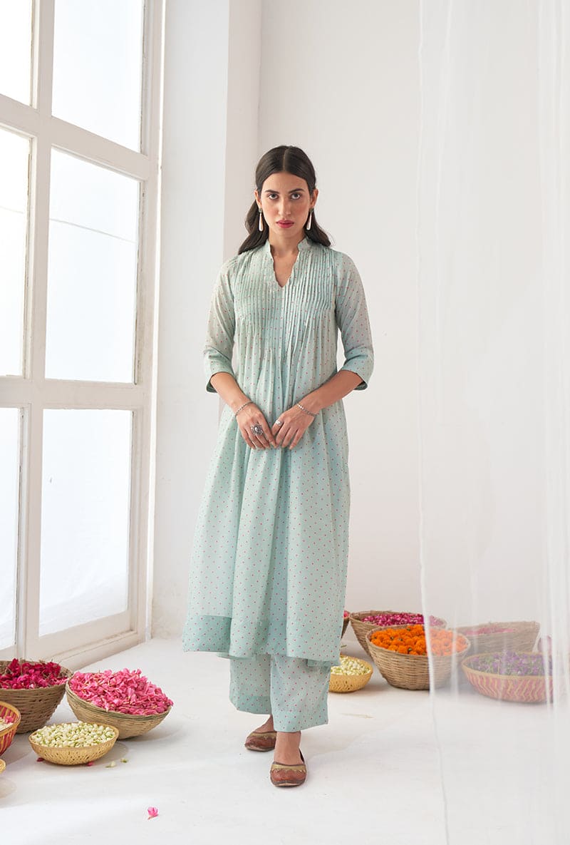 Aqua Polka Dot Print A-Line Iris Kurta Set