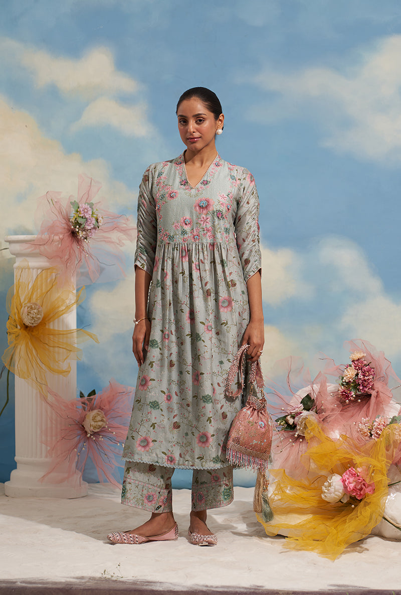 Blue Mughal Made In Heaven Front Pleated Kurta Set