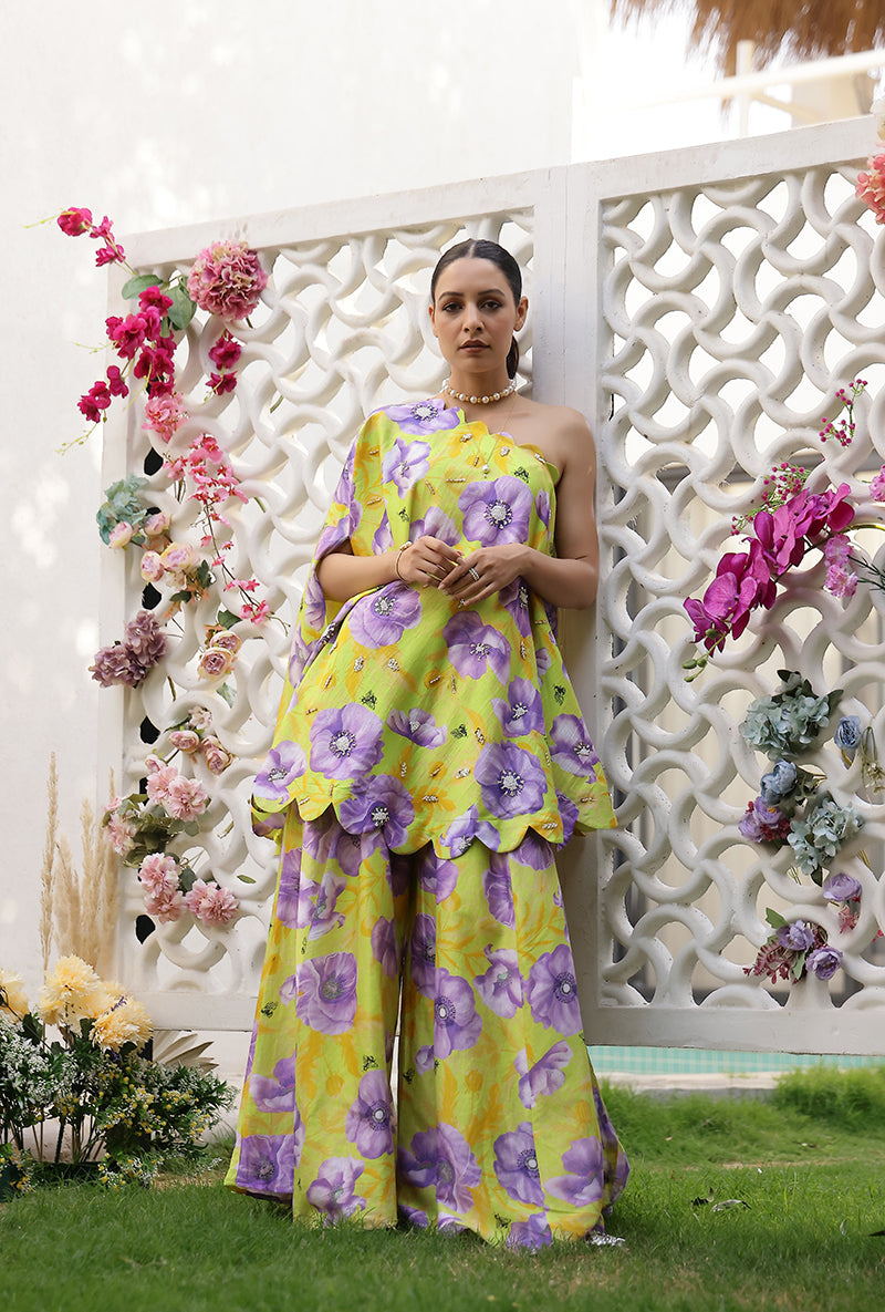 Green And Purple Garden Off Shoulder Magnolia Sharara Set