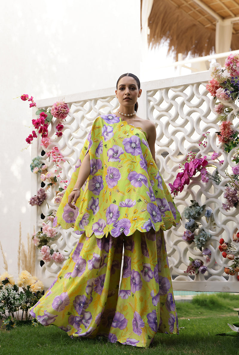 Green And Purple Garden Off Shoulder Magnolia Sharara Set