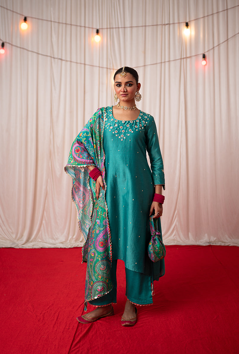 Green Embroidered A Line Kikli Kurta Set