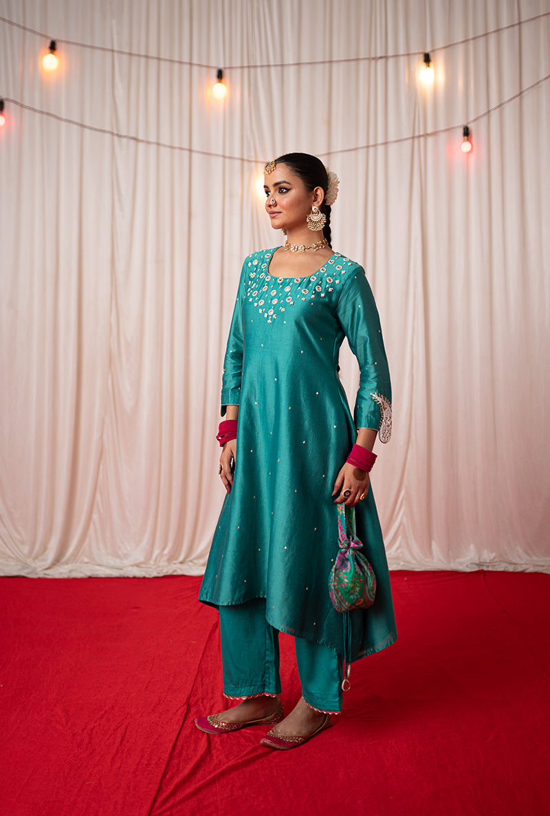 Green Embroidered A Line Kikli Kurta Set