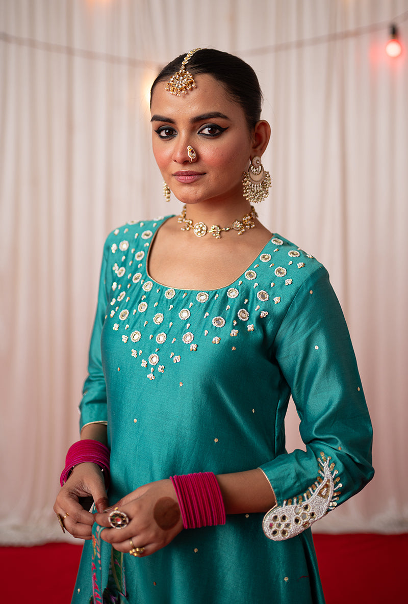 Green Embroidered A Line Kikli Kurta Set