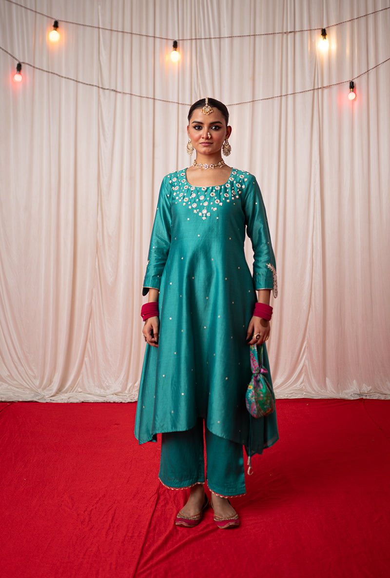 Green Embroidered A Line Kikli Kurta Set