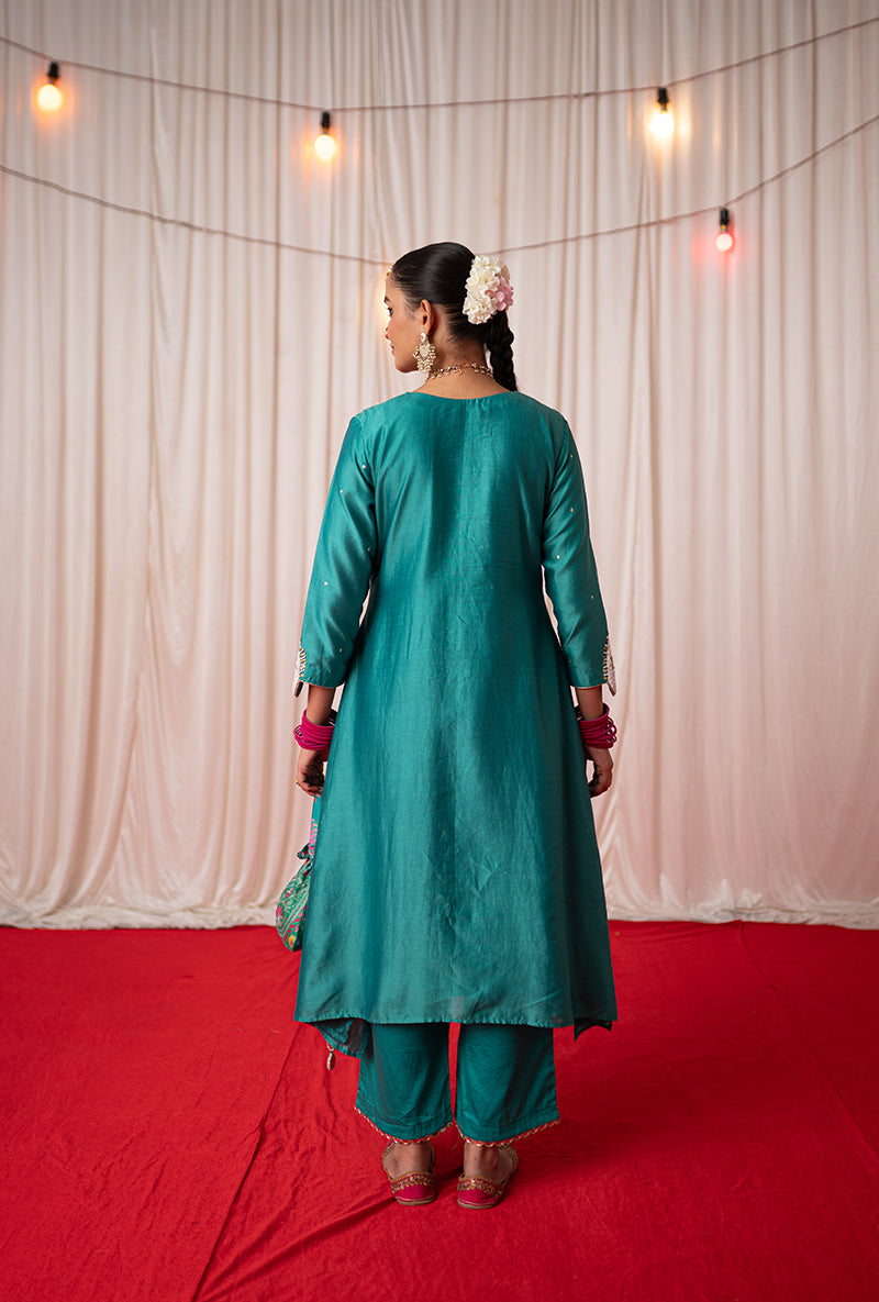 Green Embroidered A Line Kikli Kurta Set