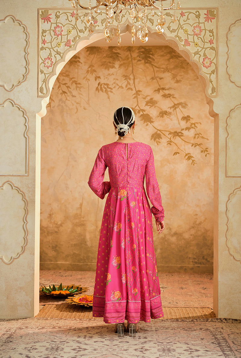 Hot Pink Multiple Kali Goonj Anarkali Set