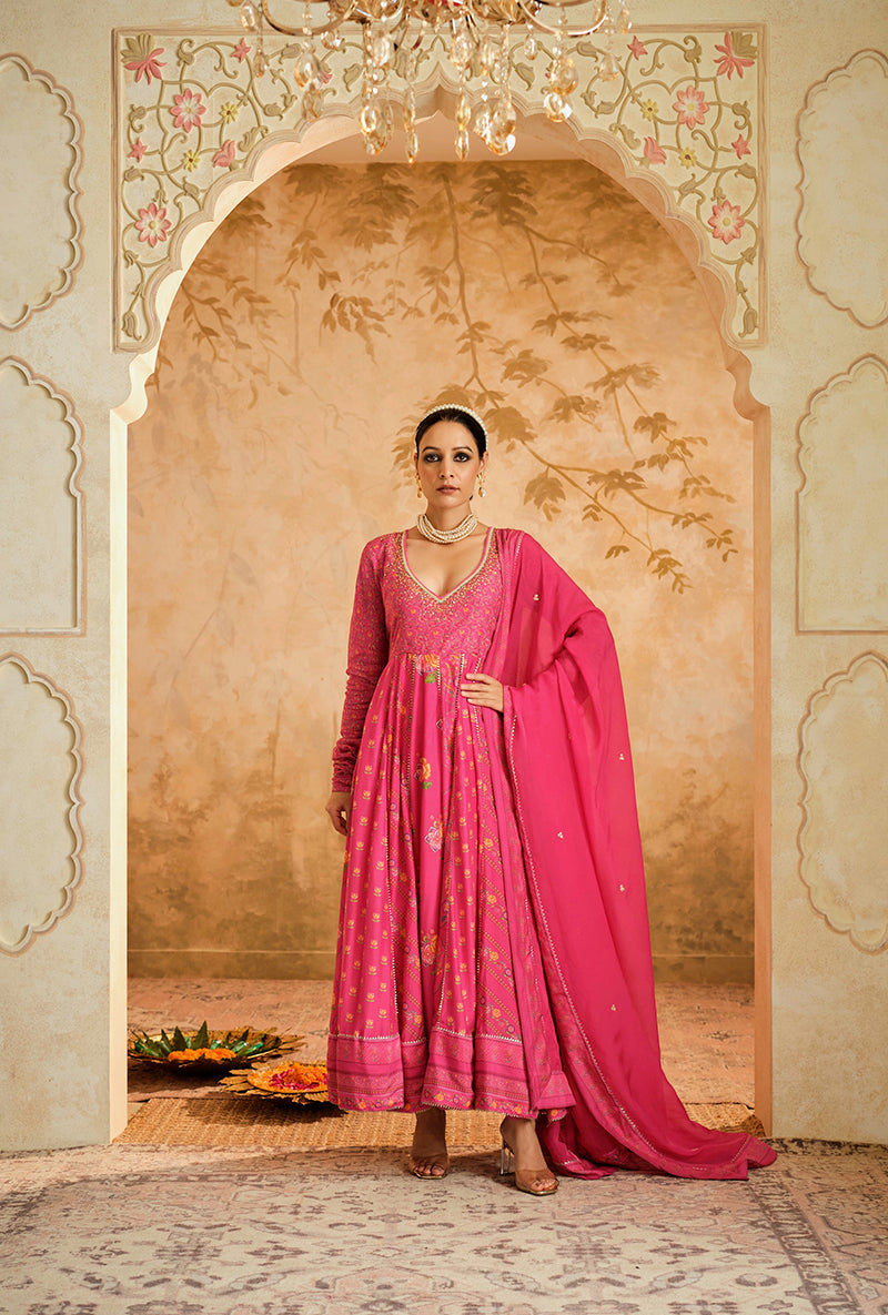 Hot Pink Multiple Kali Goonj Anarkali Set