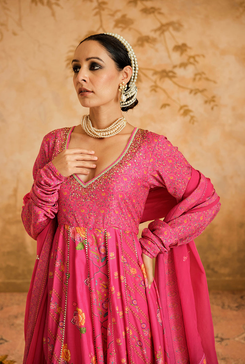 Hot Pink Multiple Kali Goonj Anarkali Set