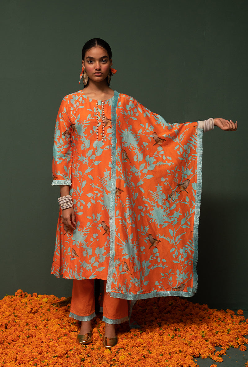 Orange Printed Long Sasha Kurta Set