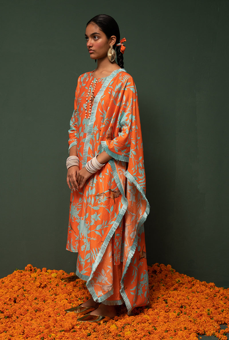 Orange Printed Long Sasha Kurta Set