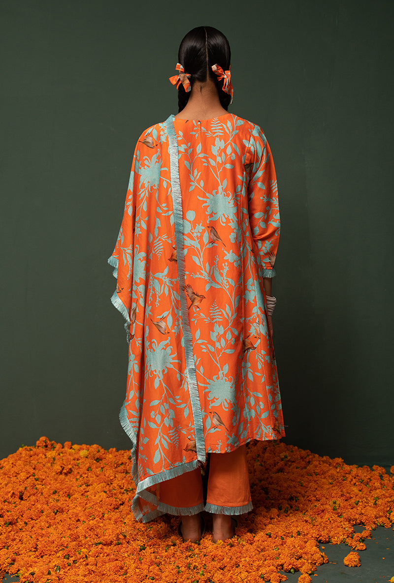 Orange Printed Long Sasha Kurta Set