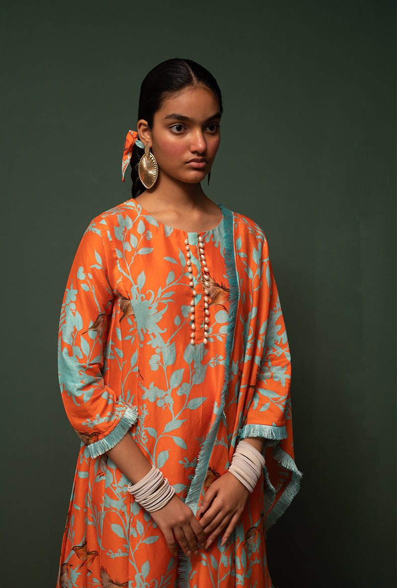 Orange Printed Long Sasha Kurta Set