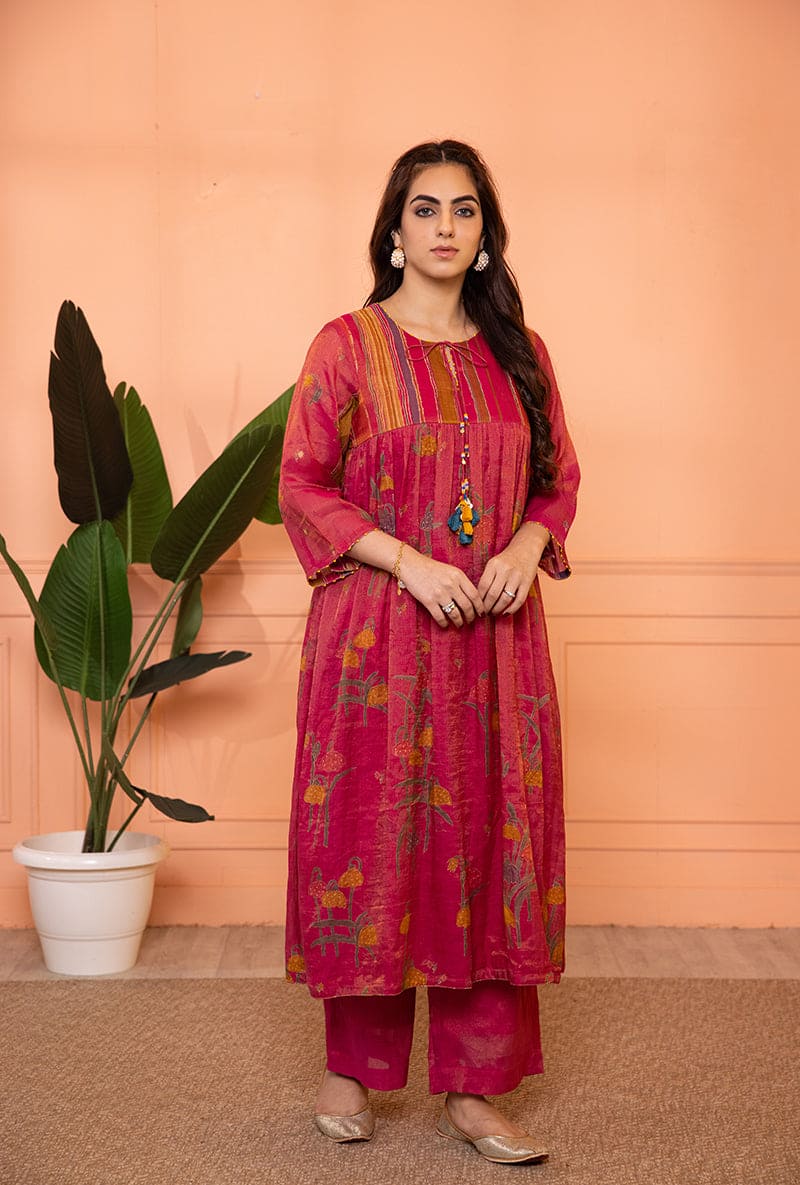 Pink Stripe Yoke Full Chunat Sia Kurta Set