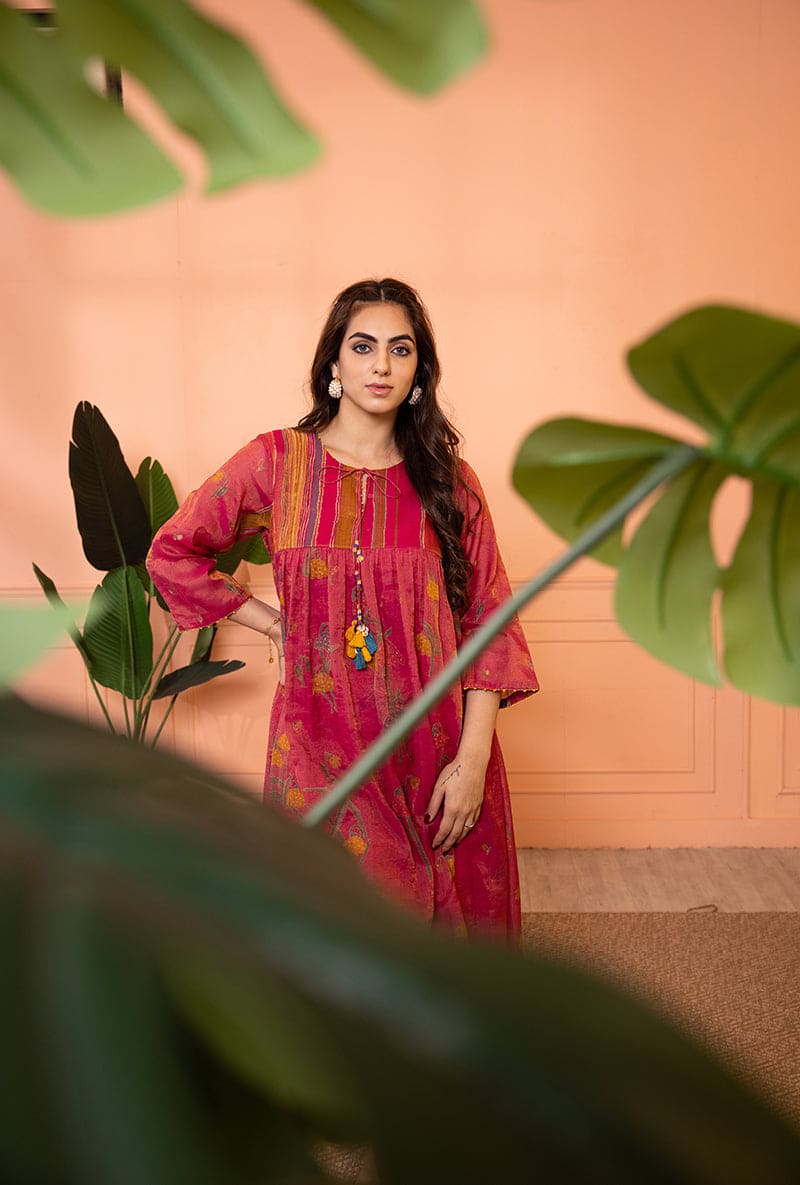 Pink Stripe Yoke Full Chunat Sia Kurta Set