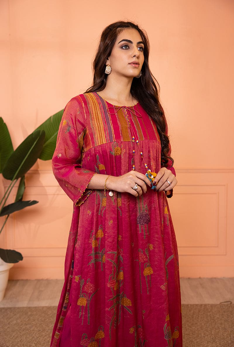 Pink Stripe Yoke Full Chunat Sia Kurta Set