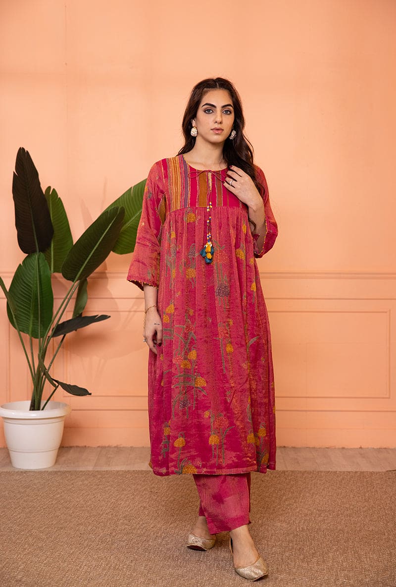 Pink Stripe Yoke Full Chunat Sia Kurta Set