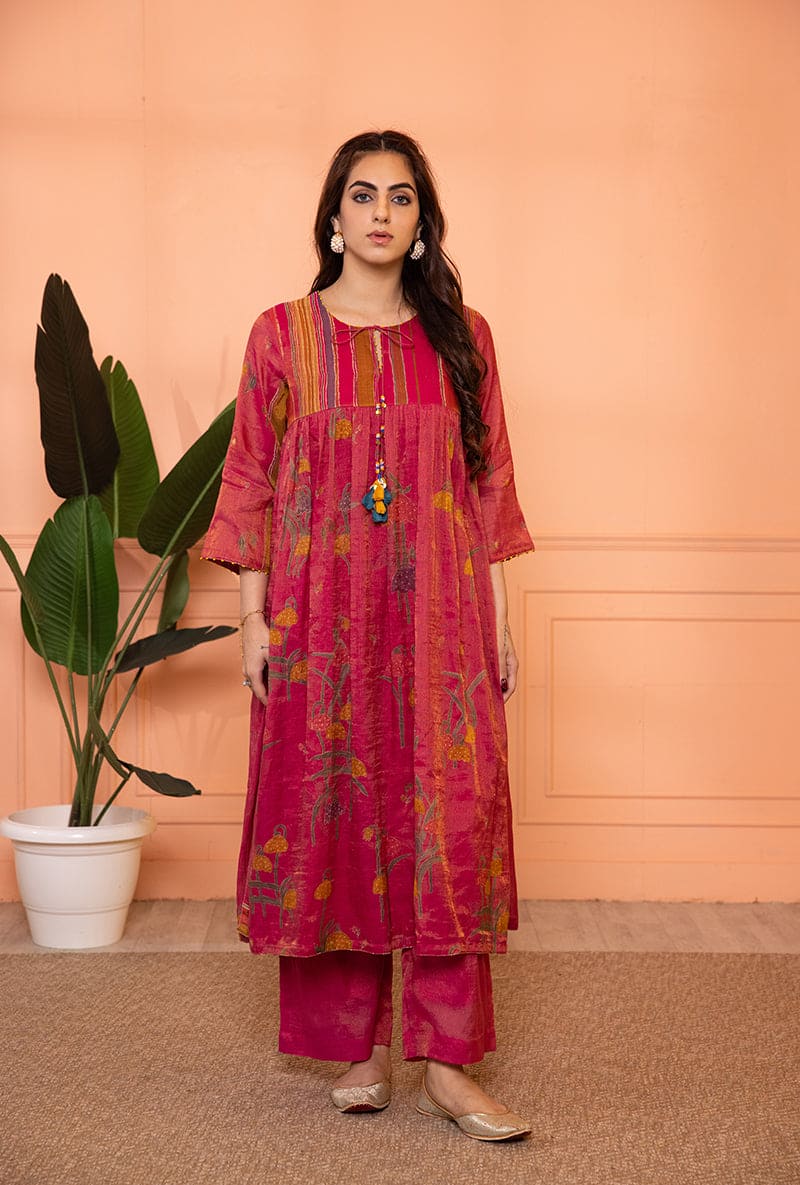 Pink Stripe Yoke Full Chunat Sia Kurta Set