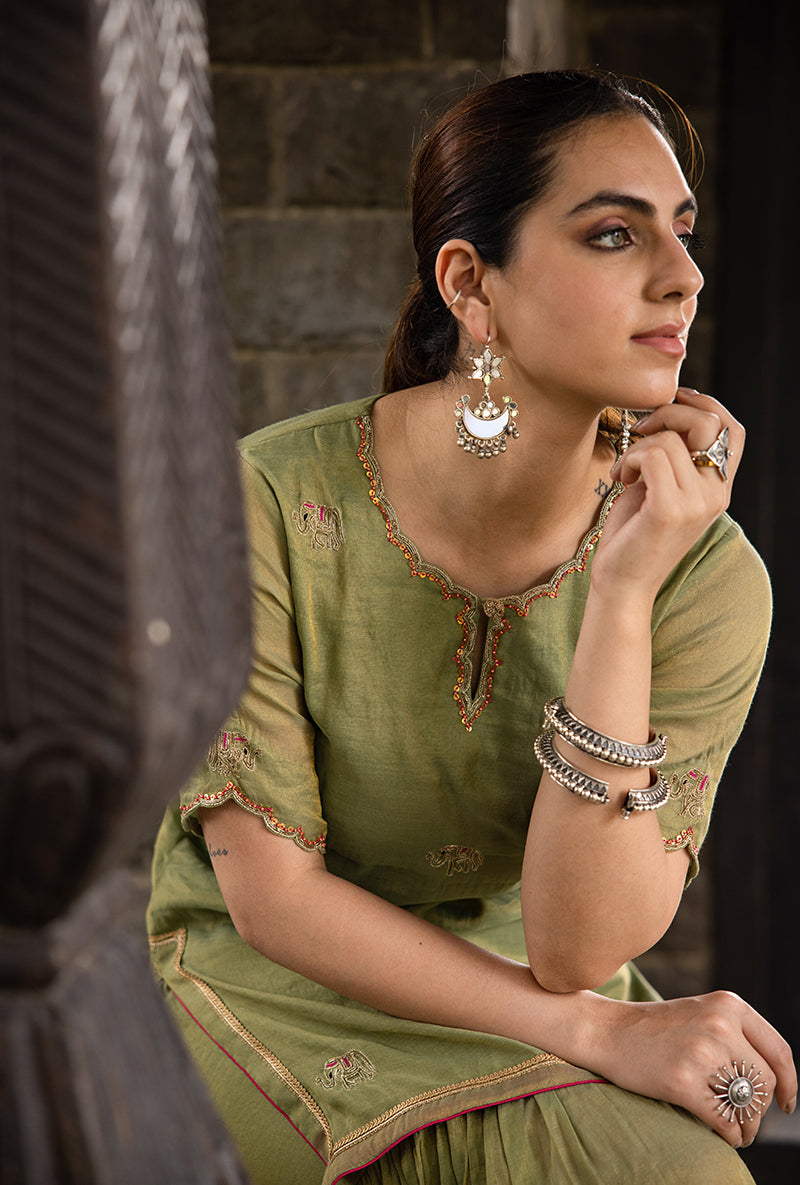 Pista Green Elephant Motif Surmayi Sharara Set