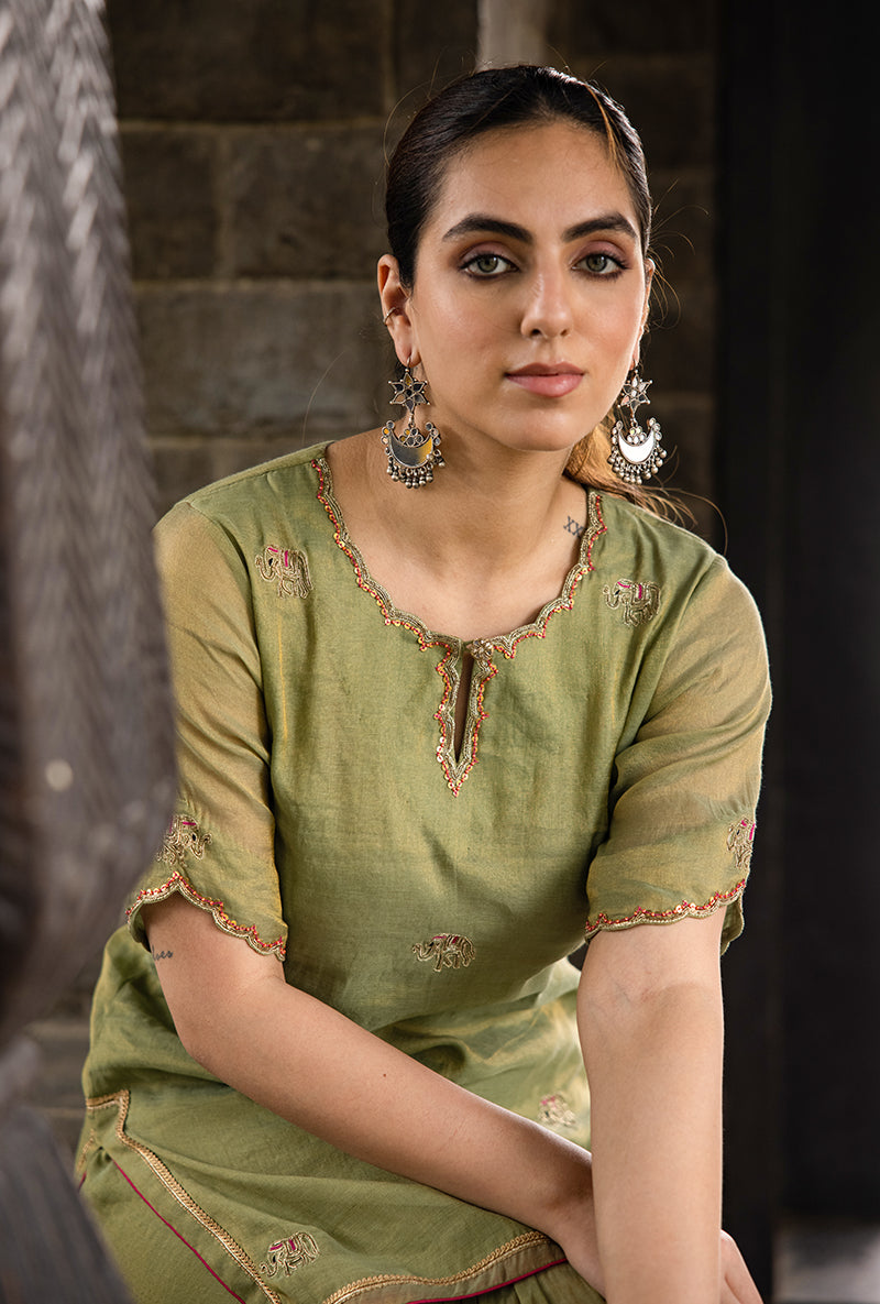 Pista Green Elephant Motif Surmayi Sharara Set