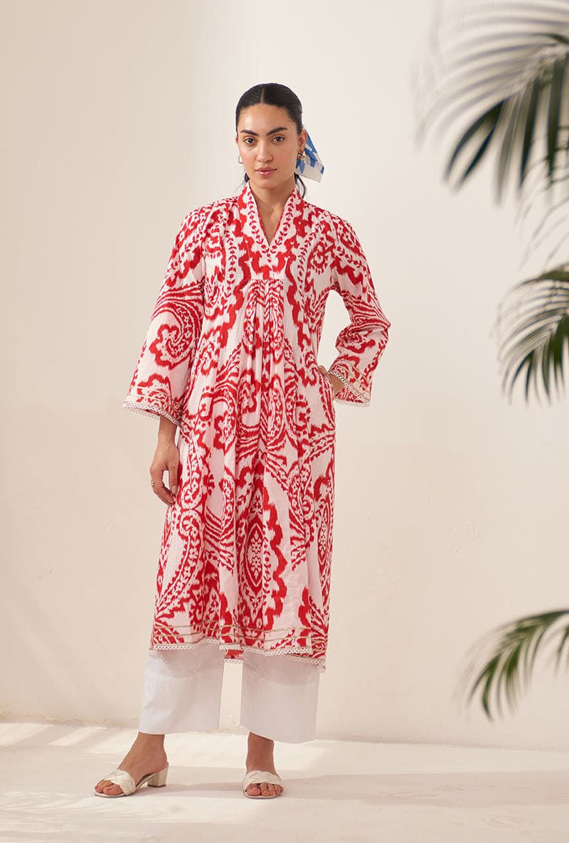 Red V Neck Front Pleat Lovebirds Kurta Set