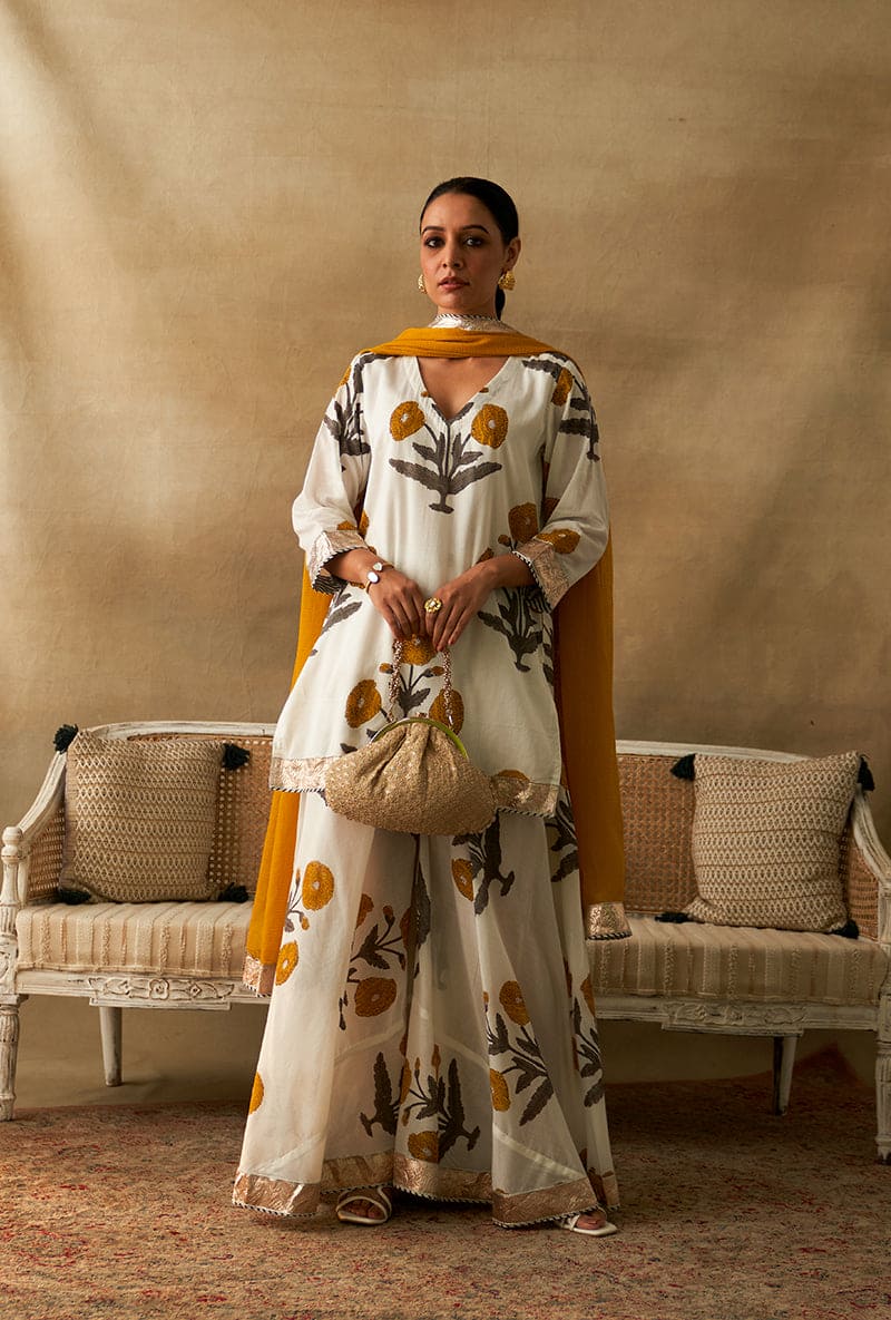 Yellow And White Block Printed Marigold Sharara Set