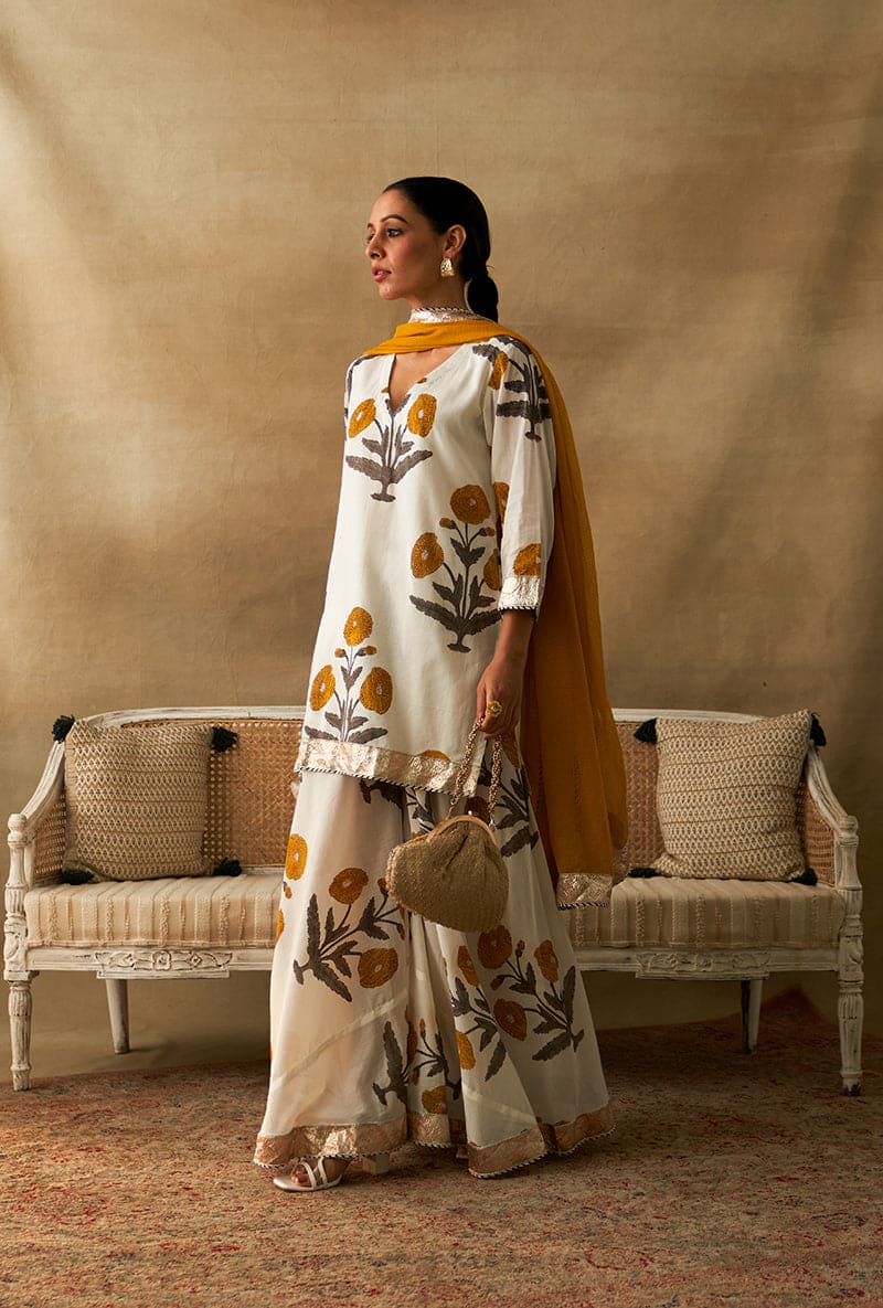 Yellow And White Block Printed Marigold Sharara Set