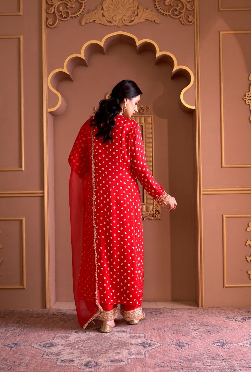 Red Bandhej Rasia Kurta Set