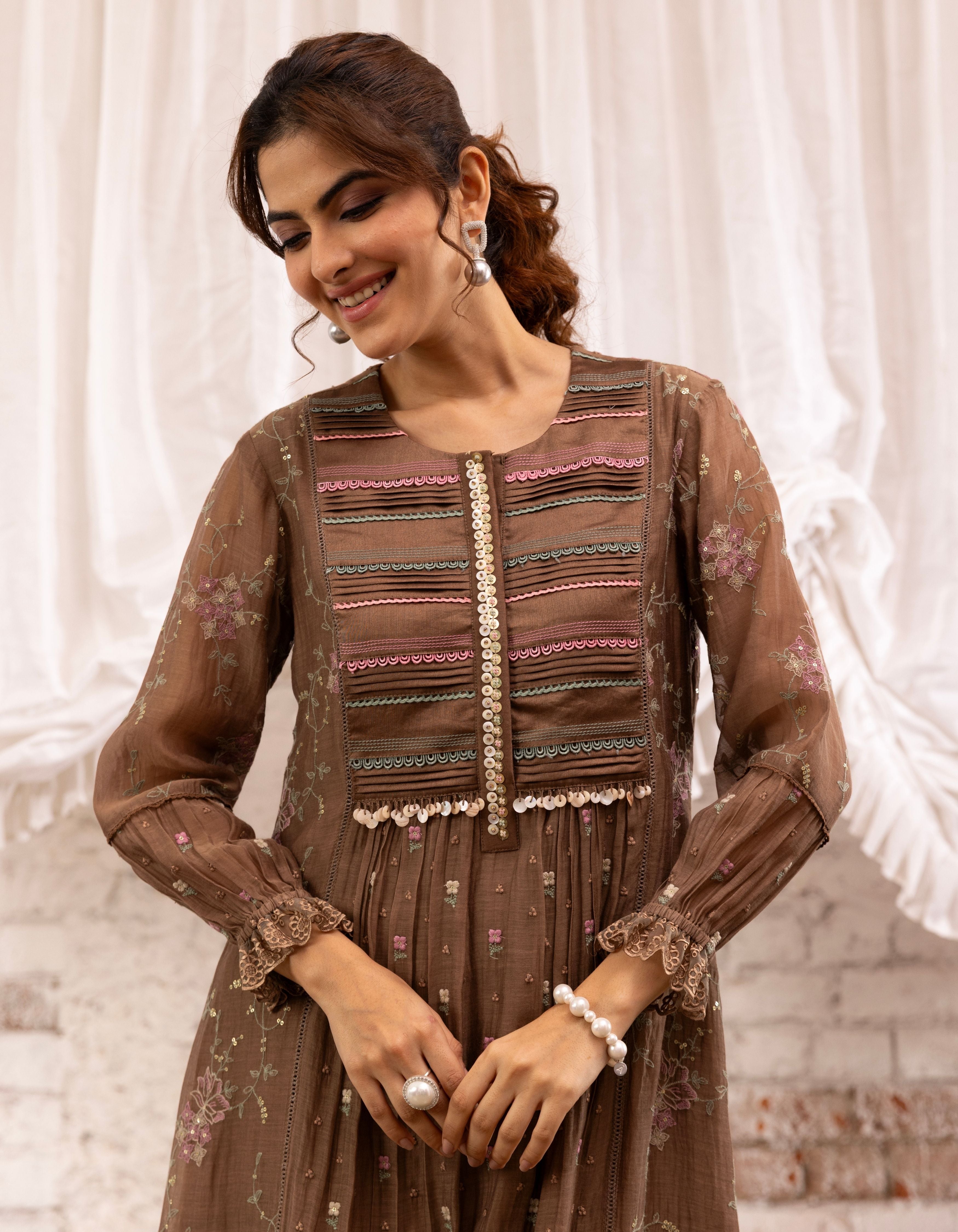 Brown Threadwork Long Yoke Noor Kurta Set