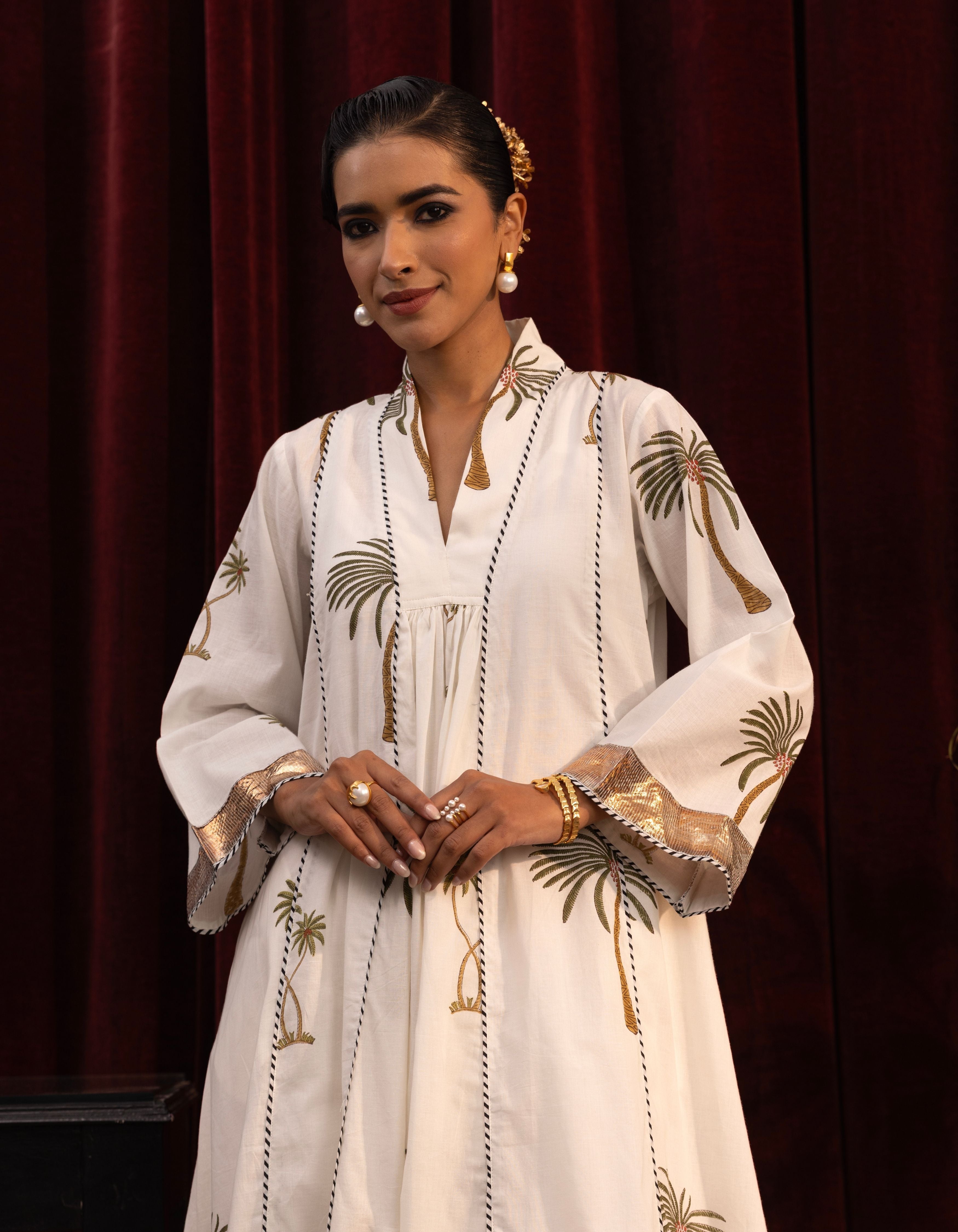 White Palm Print Kali Mogra Kurta Set