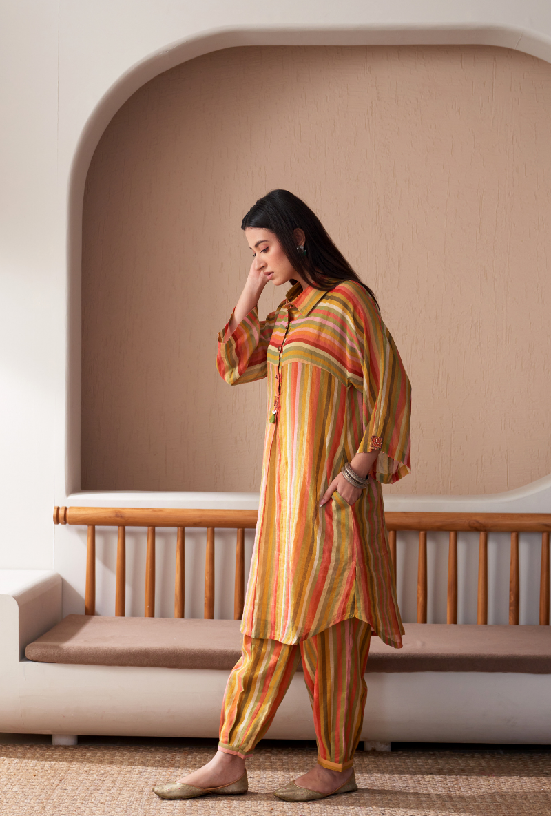 Mustard Anti Fit Stripe Bageecha Kurta Set