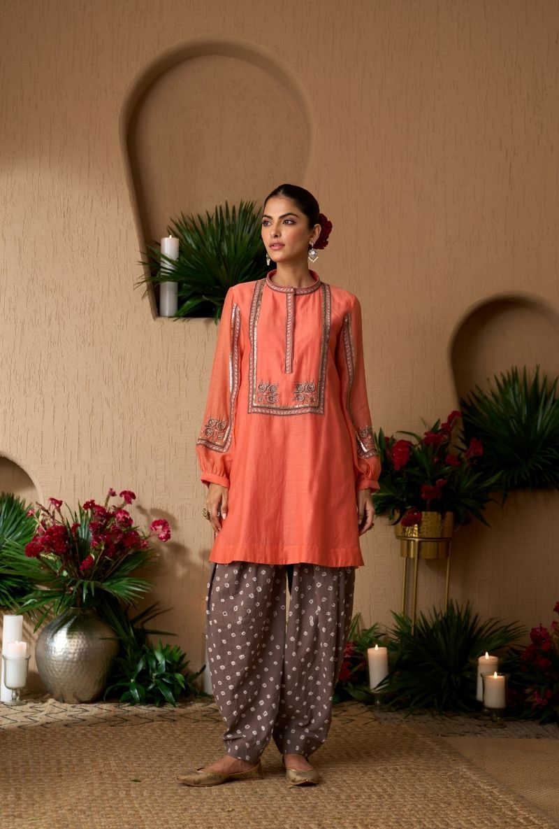 Peach Bandhej Dhoti Naveli Kurta Set