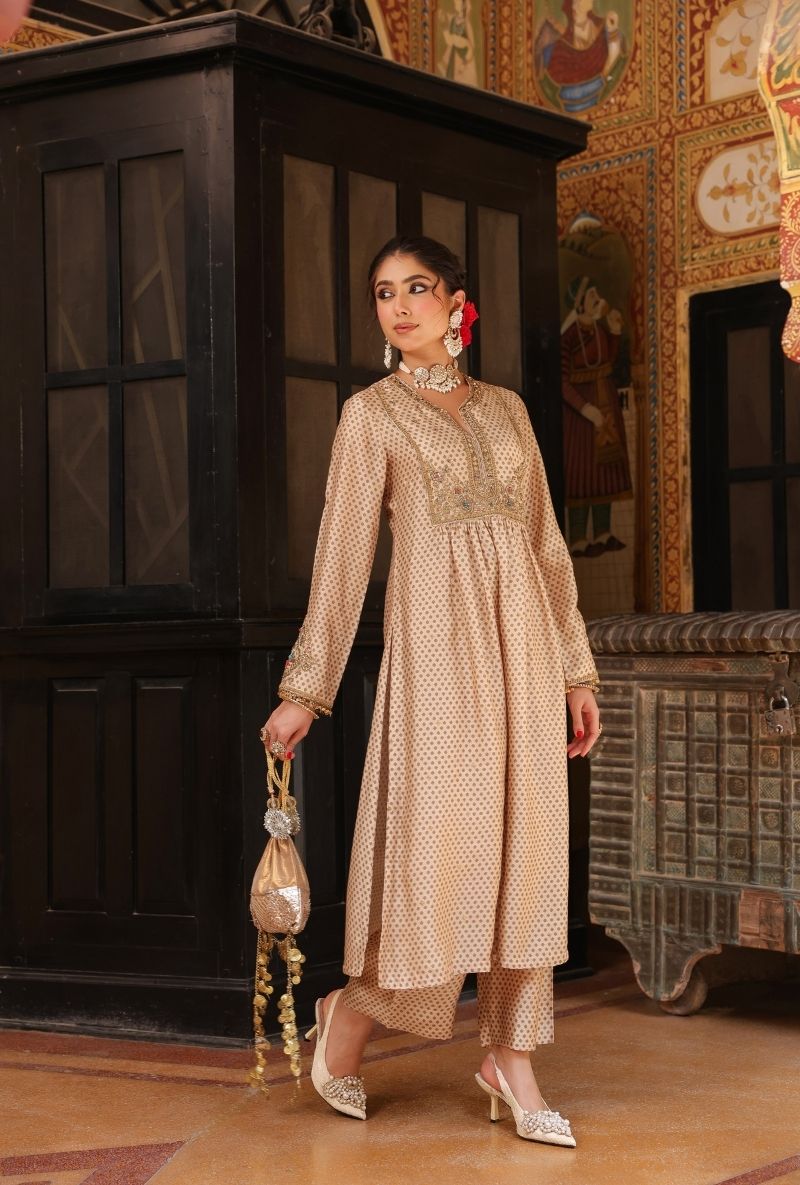 Ivory Printed Frockstyle Mehfil Kurta Set