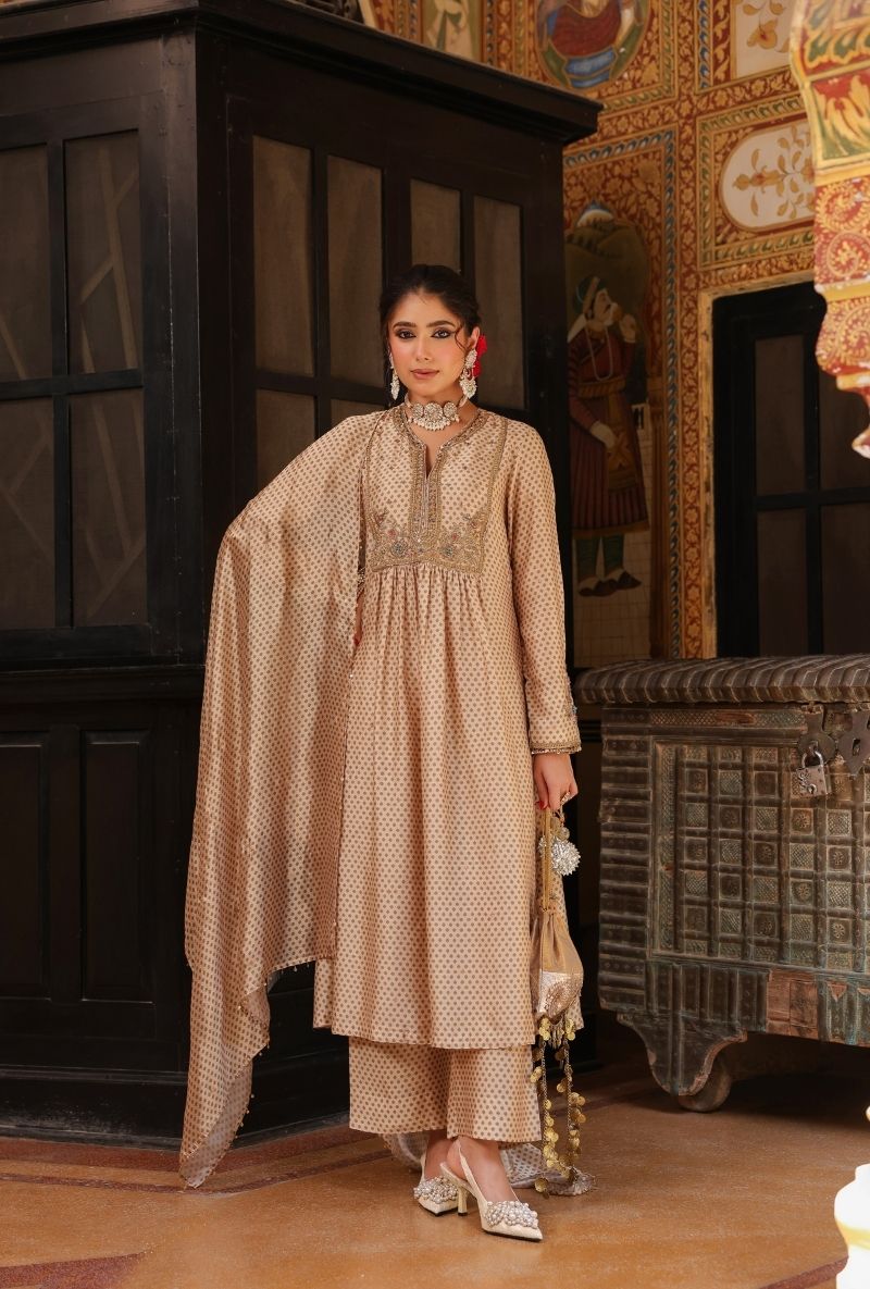 Ivory Printed Frockstyle Mehfil Kurta Set