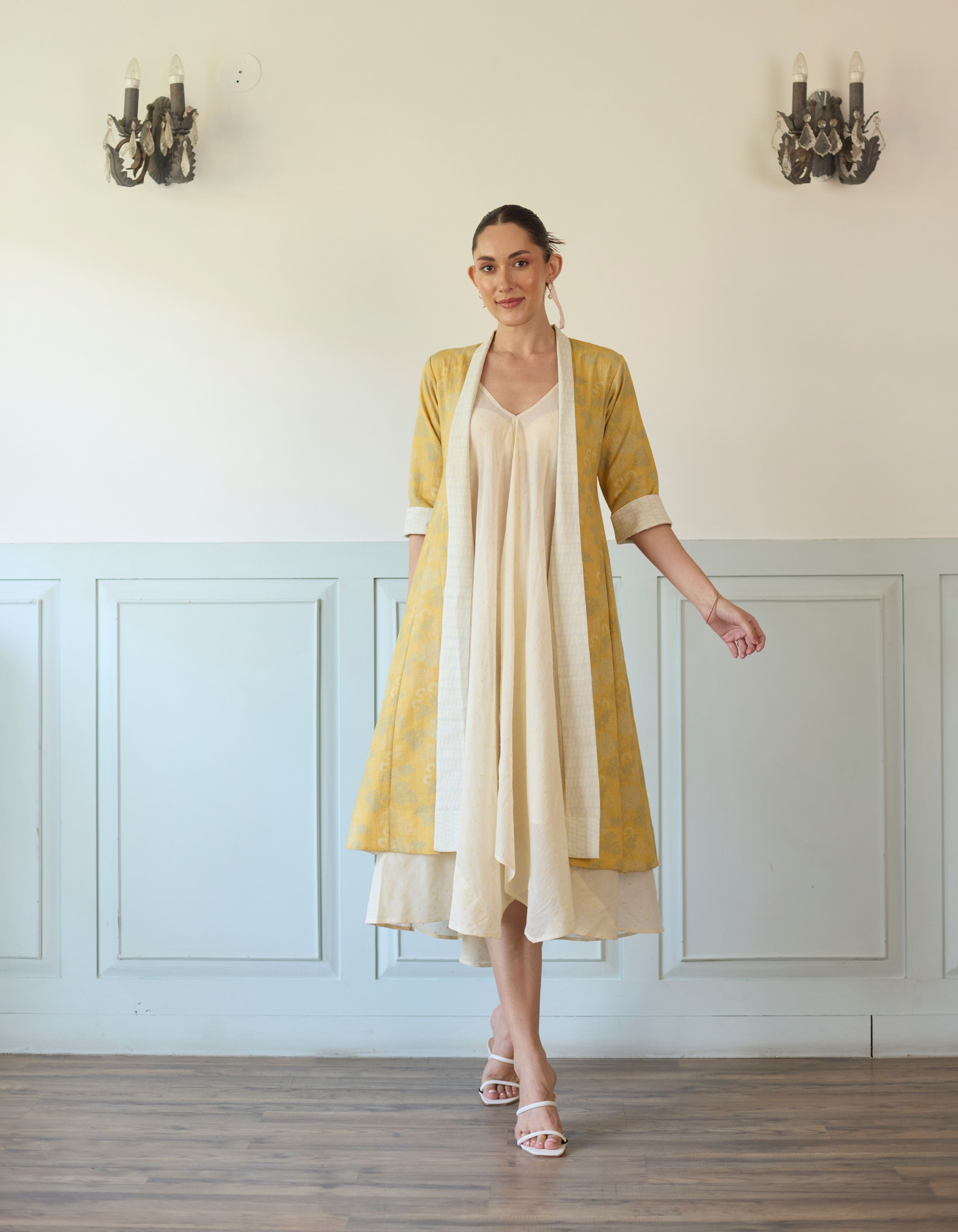 Ivory And Yellow Floral Print Amelia Jacket Set