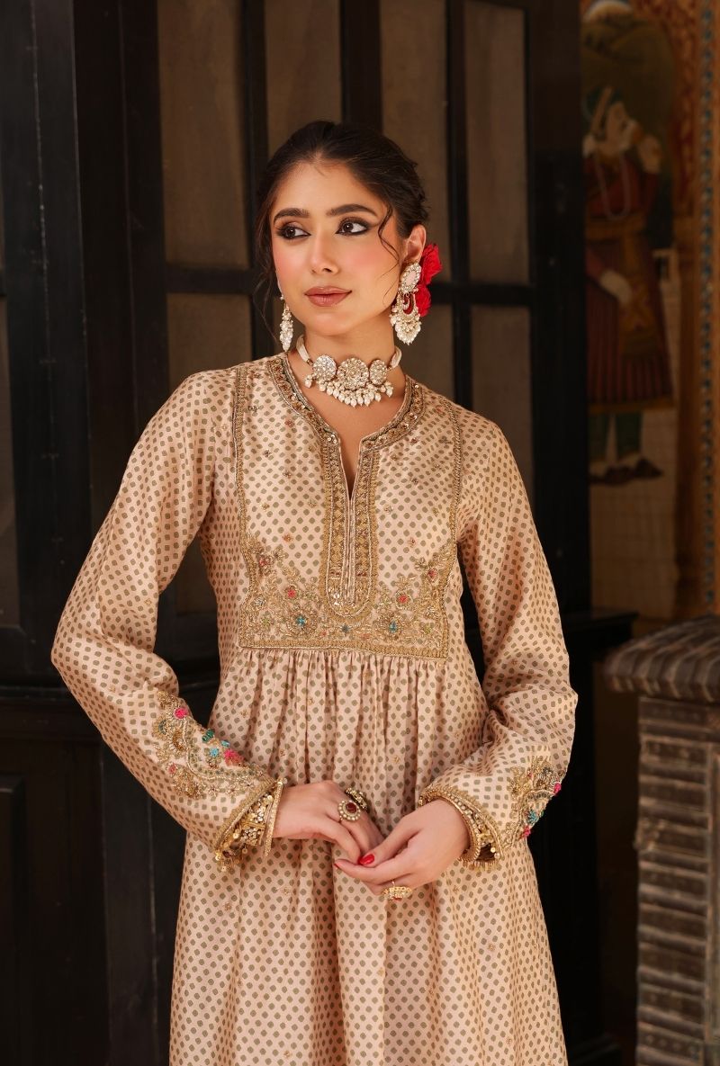 Ivory Printed Frockstyle Mehfil Kurta Set