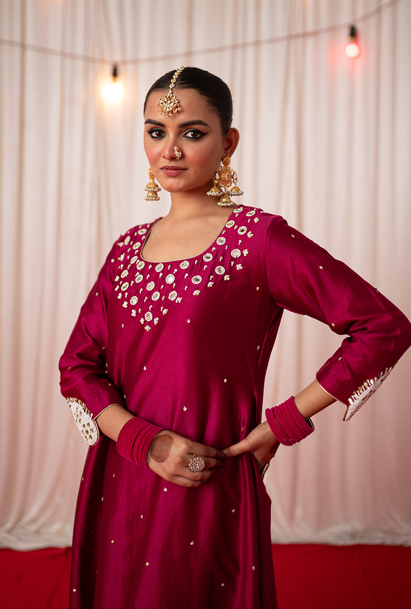 Maroon Embroidered A Line Kikli Kurta Set