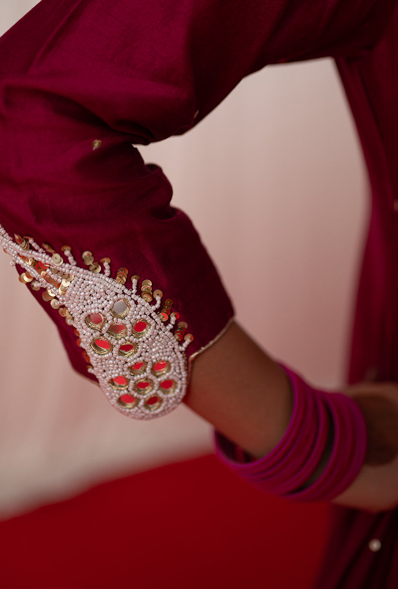 Maroon Embroidered A Line Kikli Kurta Set