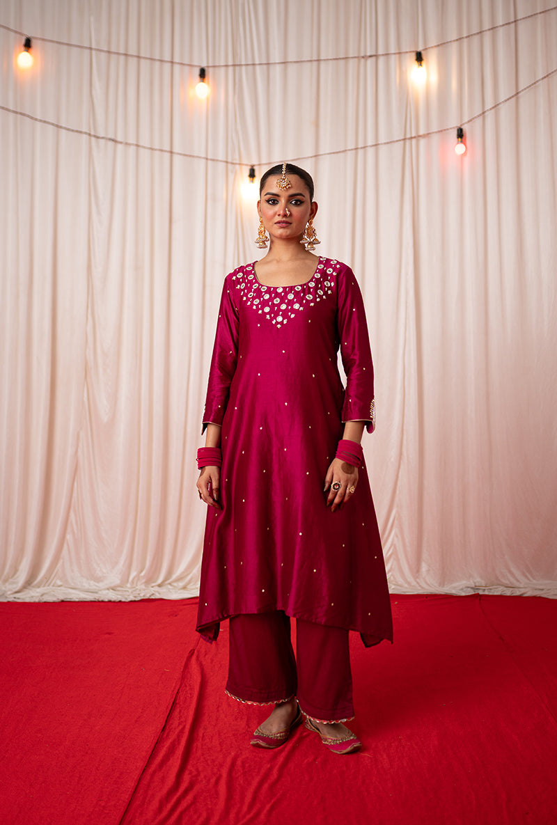 Maroon Embroidered A Line Kikli Kurta Set