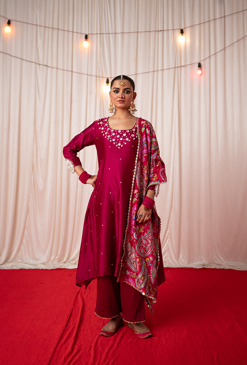 Maroon Embroidered A Line Kikli Kurta Set