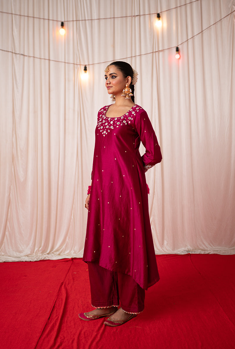 Maroon Embroidered A Line Kikli Kurta Set
