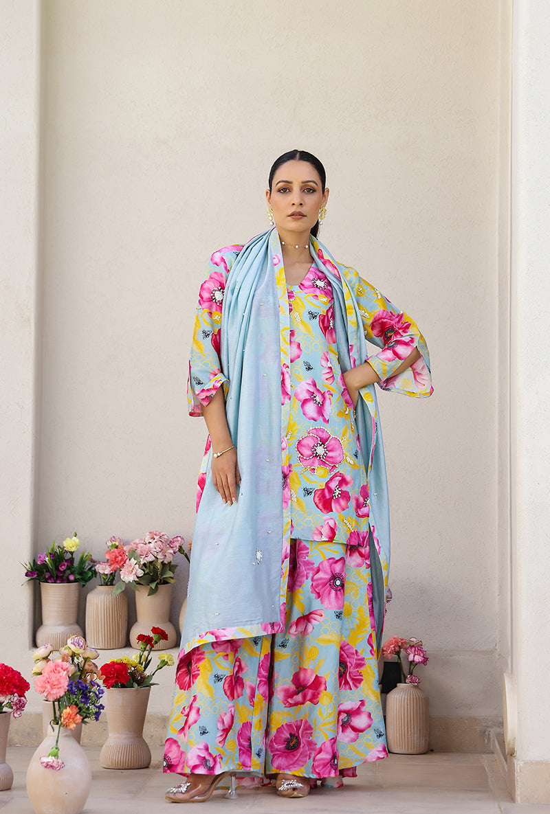Mint And Pink Garden Printed Magnolia Sharara Set