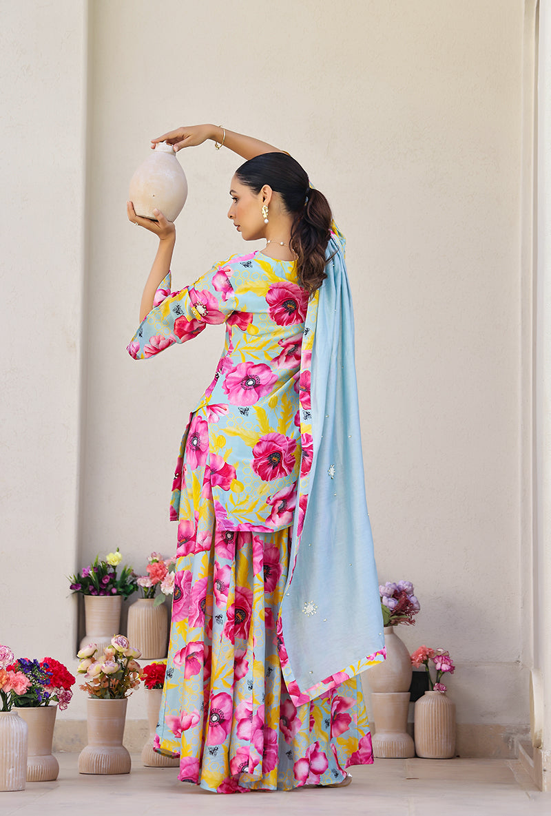 Mint And Pink Garden Printed Magnolia Sharara Set