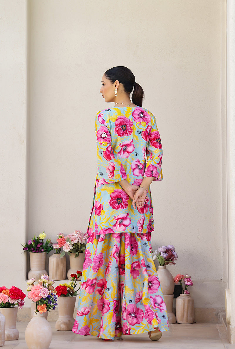 Mint And Pink Garden Printed Magnolia Sharara Set