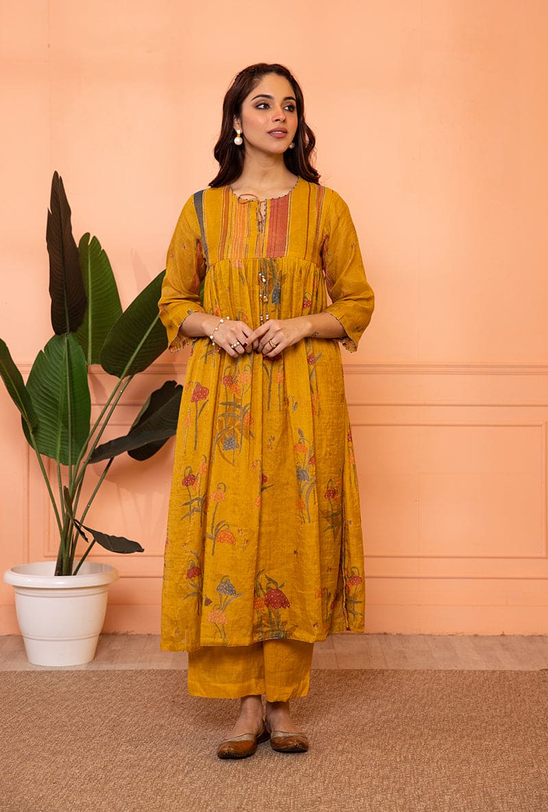 Mustard Yellow Stripe Yoke Full Chunat Sia Kurta Set