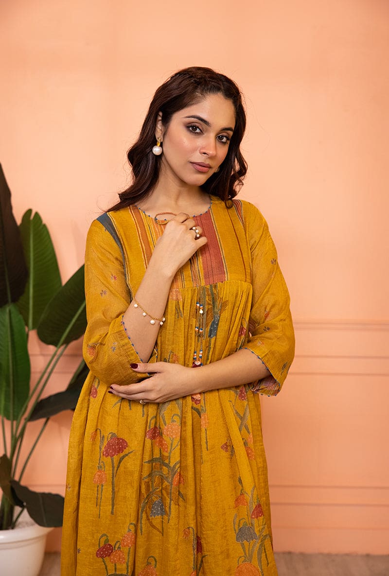 Mustard Yellow Stripe Yoke Full Chunat Sia Kurta Set