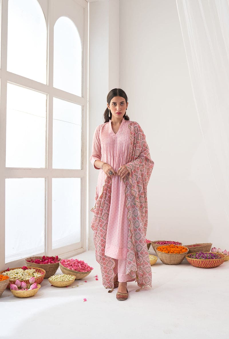 Powder Pink Polka Dot Print A-Line Iris Kurta Set